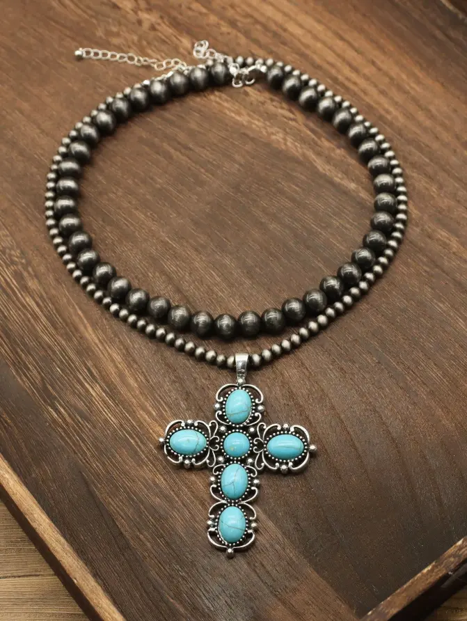 2pcs Western Cross & Beaded Necklace Set, Vintage Boho Jewelry for Women