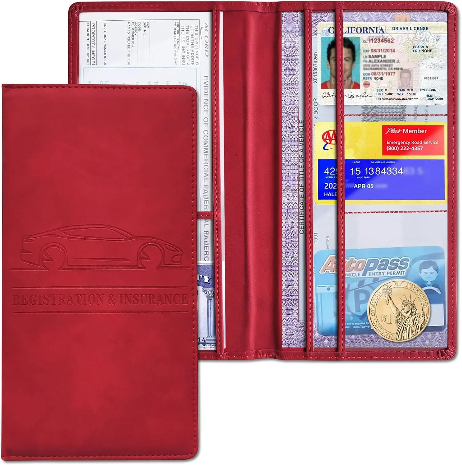 Car Registration and Insurance Holder, PU Car Glove Box Organizer, Travel Documents Folder, Universal Car Storage Pocket Accessories for Documents, Cards, License, Passport,Case (Red)