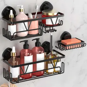 Shower Caddy Suction Cup, 3 Pack Removable Shower Shelves with Hooks & Soap Holder, No Drilling Bathroom Organizer, Waterproof Suction Storage for Inside Shower, Black