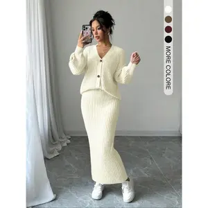 Women's solid color button up front sweater and long skirt two-piece set, casual off shoulder long sleeved knitted top and high waisted skirt, suitable for daily outdoor wear, autumn and winter women's knitwearRAIMENTRY