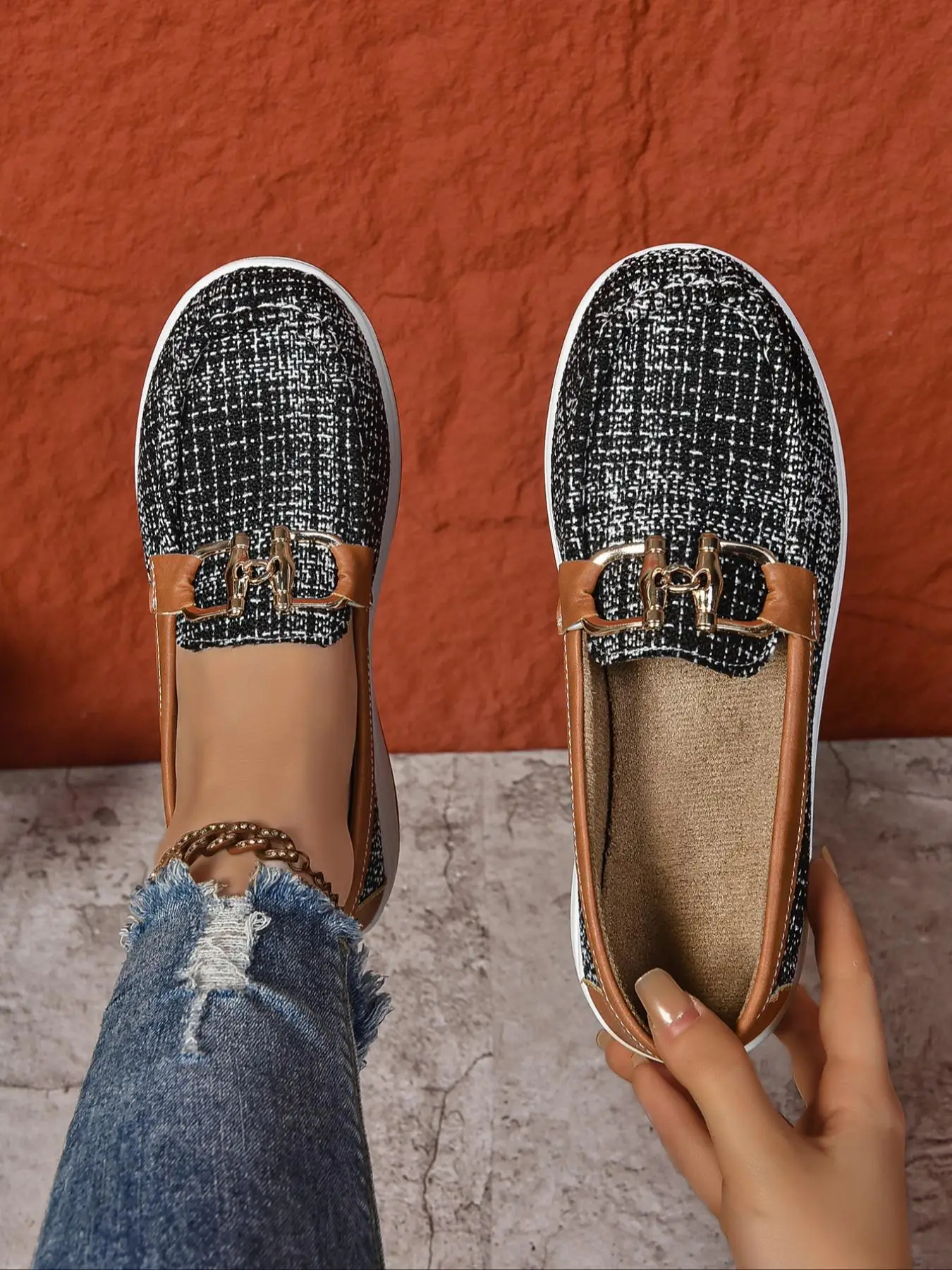 Women's Fashionable Houndstooth Pattern Buckle Design Slip on Loafers, Casual Comfortable Soft Sole Shoes for Daily Wear, Female All-match Round Toe S