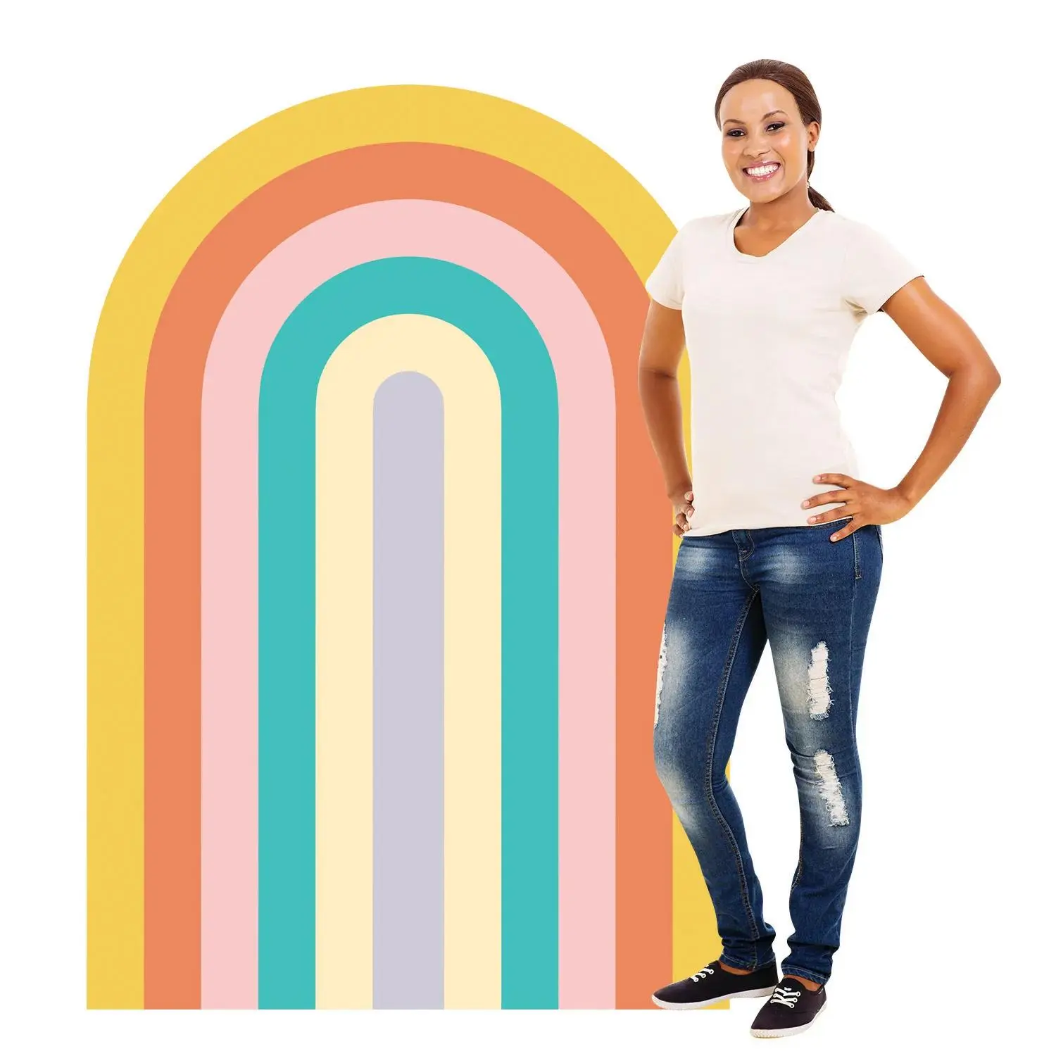 44"x64" Multicolor Single-Sided Groovy Rainbow Arch Backdrop Cardboard Cutout Stand-Up, for Parties, Photo Booth, Birthday Celebrations