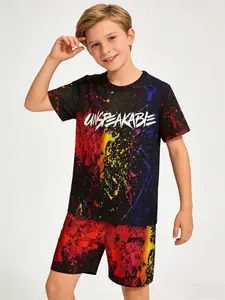 Boys' Track Shorts Set, Rainbow Graffiti Texture, Contrast, Trendy Street Style, Party Wear, Vacation, School, Summer Casual, Athletic, Junior