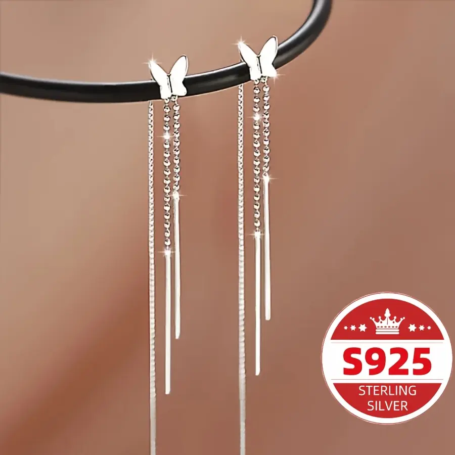Pair of S925 sterling silver butterfly dangle earrings, elegant and cute style, a perfect jewelry gift for women, suitable for everyday wear and vacations, an ideal choice for Christmas, all-season accessory.