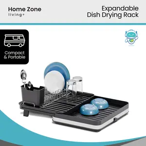 Home Zone Living Collapsible Dish Drying Rack with Push-Drain and Utensil Caddy, Medium
