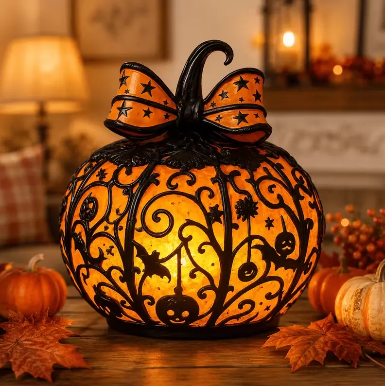 Illuminated Halloween Pumpkin Decor with Elegant Bow and Filigree Metal Overlay, Spooky Warm Glow Night Light for Indoor Home Tabletop Fall Decor, Party Supply Bow Pumpkin Decorative Atmosphere Lantern Desktop Living Room Kitchen Holiday Gift