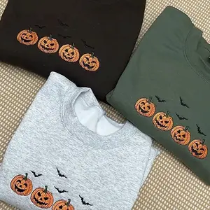 Embroidered Pumpkin Halloween Sweatshirt, Pumpkins and Bats Crewneck Sweatshirt Vintage Spooky Season Fall Sweater
