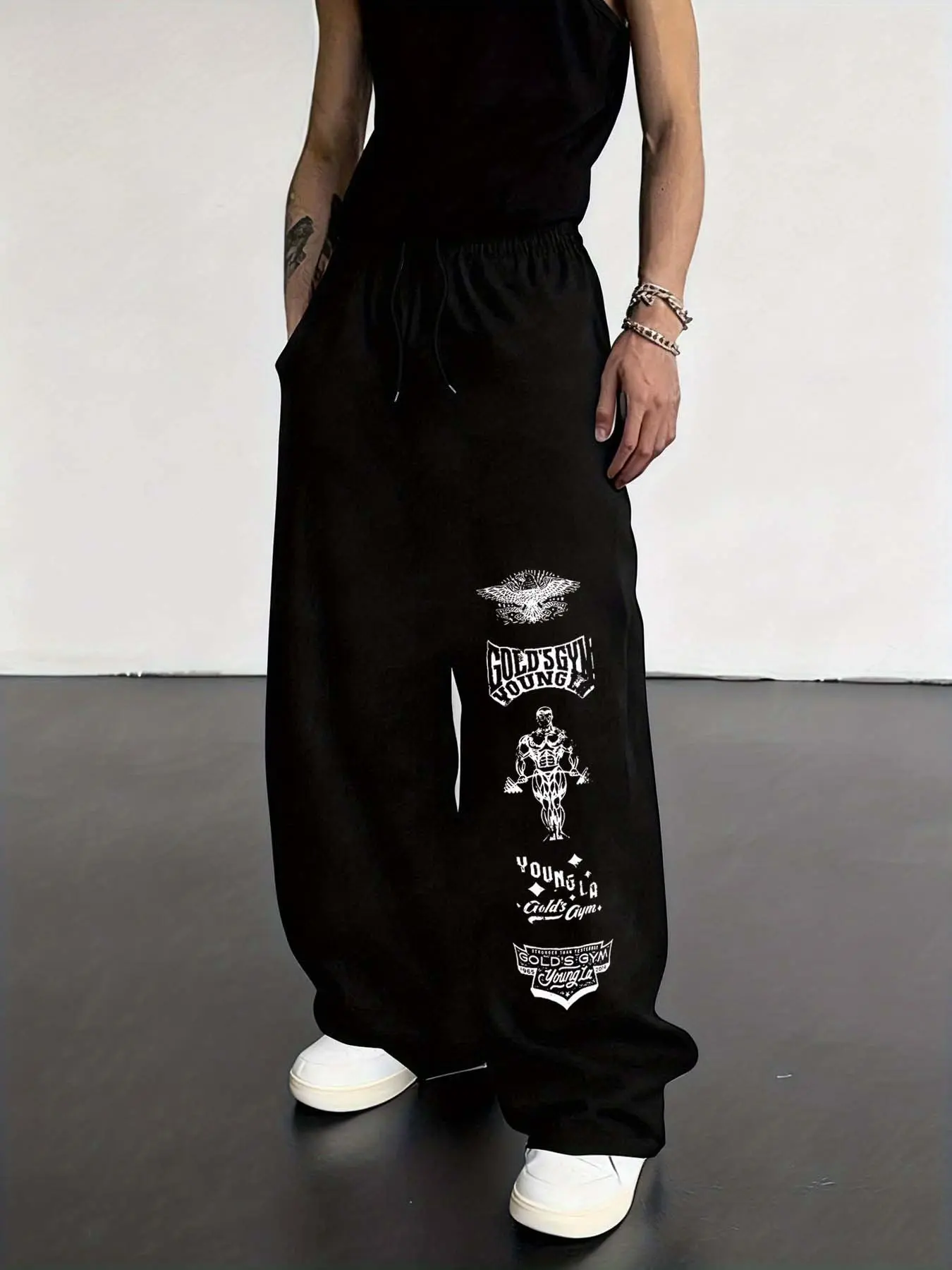 Men's Gold's Gym Print Wide Leg Joggers, Elastic Drawstring Waist Casual Sweatpants, Sporty Fitted Athletic Pants for All Seasons