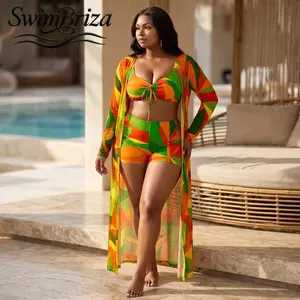 Briza｜Women's Long Sleeve Mesh Swimsuit Cover Up with Tie Front Bikini Set Green Orange Geometric Print High Waisted Two Piece Swim Shorts Bathing Suit Plus Size Beachwear for Vacation Pool Summer Resort, Women's Swimwear, Bathing Suit for Women