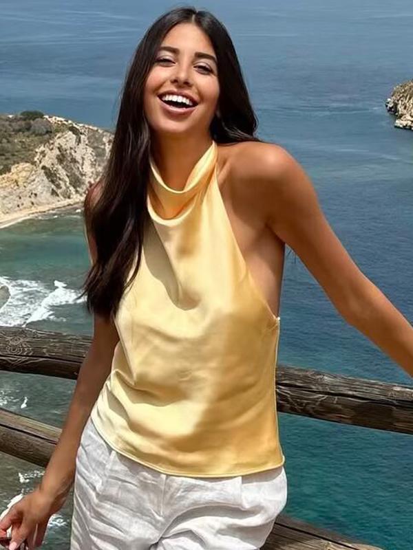 Sexy Satin Halter Top Women Corset Tanks & Camis Backless Crop Top Woman y2k Sleeveless Tank Tops Ladies Fashion Black White Orange Pink Yellow Brown Top Casual Vacation Top