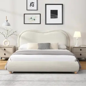 Queen Size Upholstered Platform Bed Frame, Modern Cloud Bedframe with Headboard, Low Profile Bed Floor Bed Frames with Soft Rounded Corners, No Box Spring Required, Easy Assembly, Chenille Cream