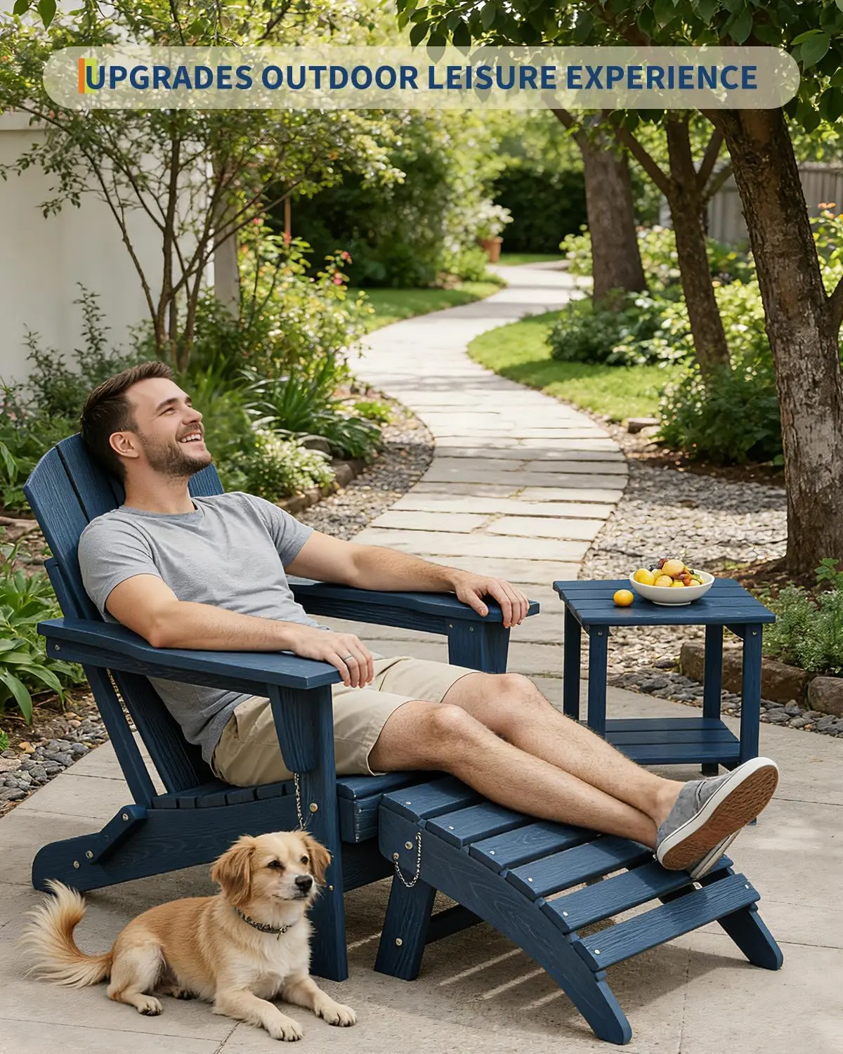 Gaomon Navy Blue 2-Piece Folding Adirondack Ottoman Leisure Set, HDPE Outdoor Patio Furniture Footrests with Stability Pins, All-Weather Resistant Folding Patio Chair Outdoor Furniture Sets for Deck, Backyard