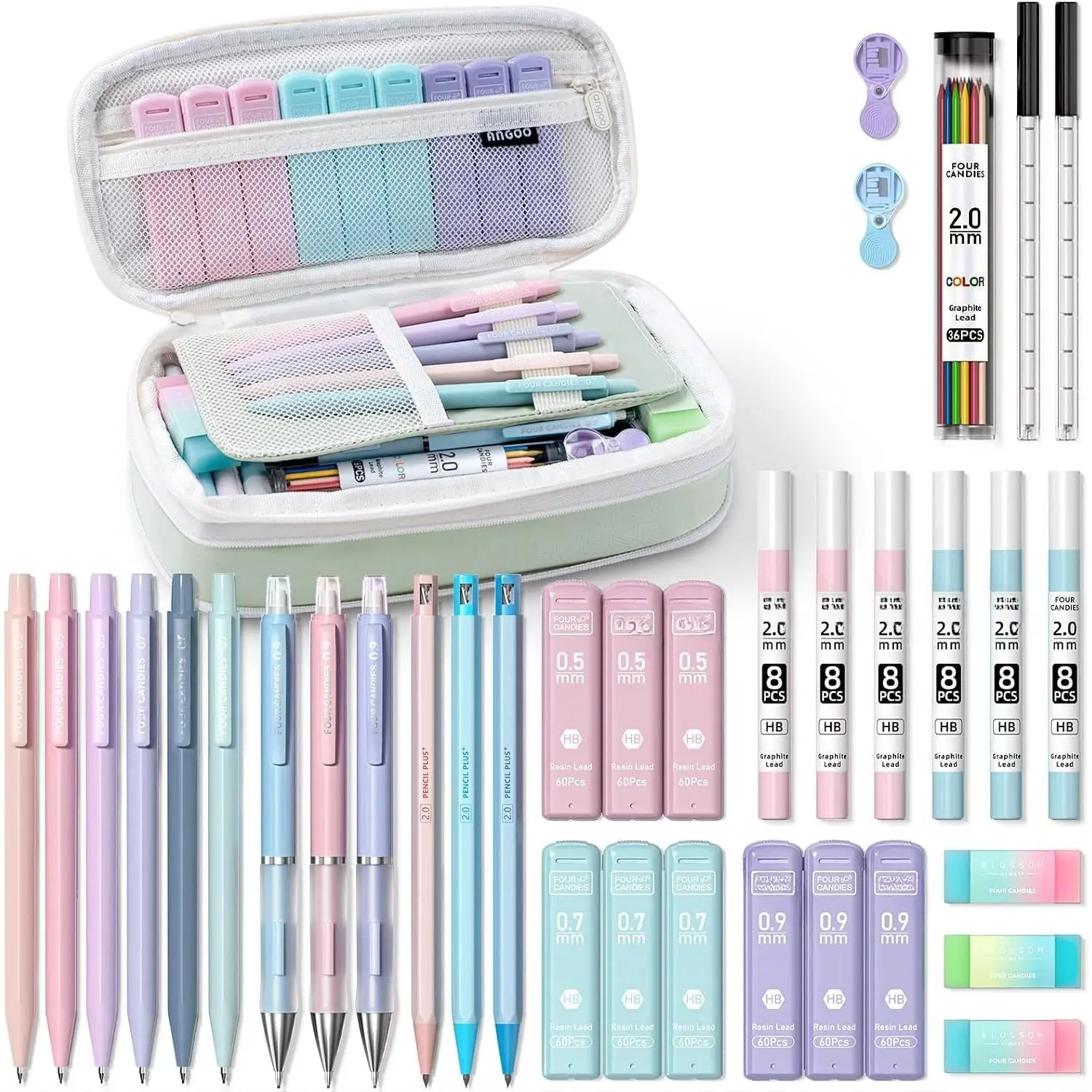 36 count Aesthetic School Supplies in Large Capacity Pencil Case, 12 count Mechanical Pencils 0.5-2.0mm with 624 count Lead Refills, Cute Pencils Ideal for Writing, Drawing & Drafting (Green)