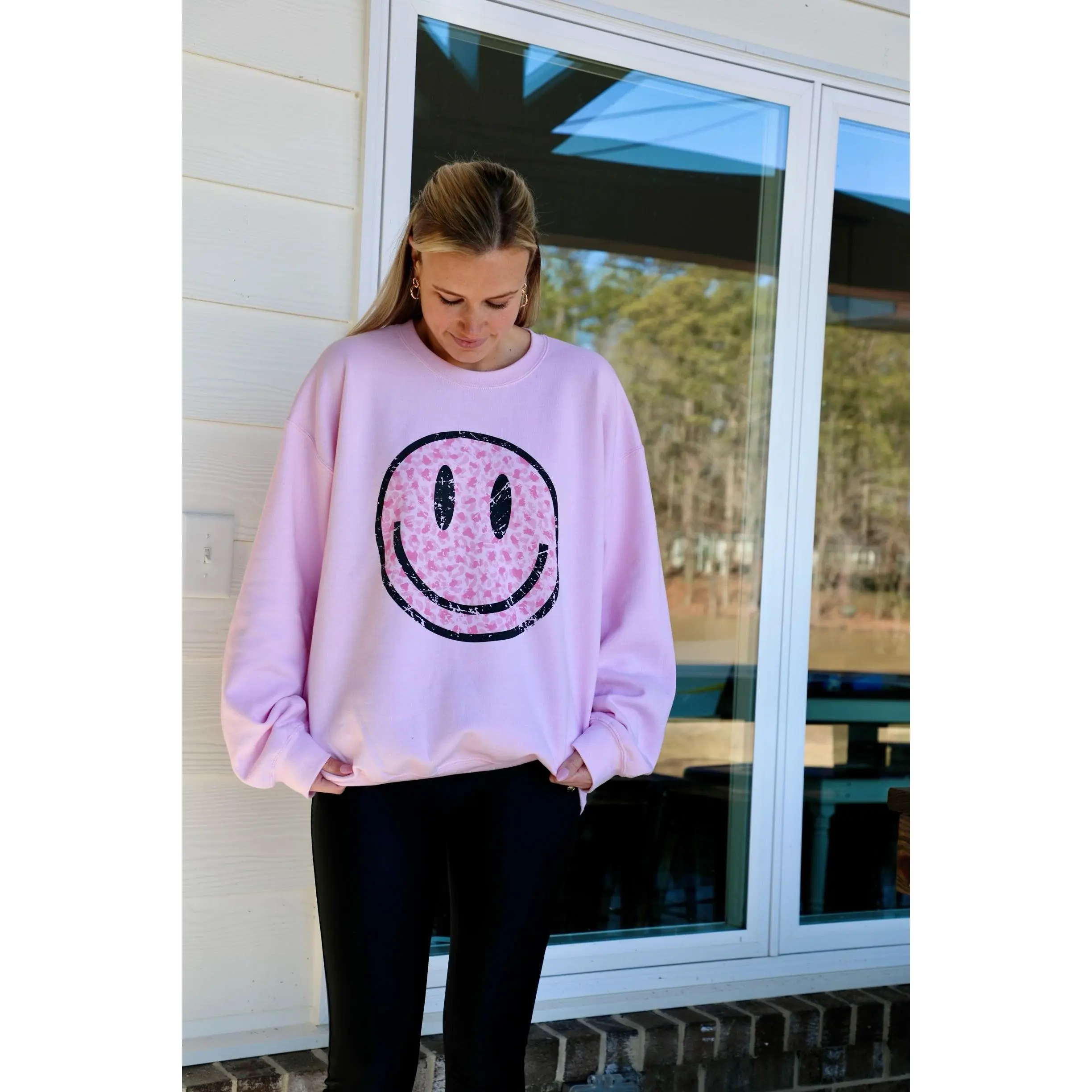 Smiley Leopard Long Sleeve Soft Pink Fleece Sweatshirt