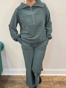 Zenana Women's Ribbed High Neck Half Zip Pullover & Pants Set - Ash Jade
