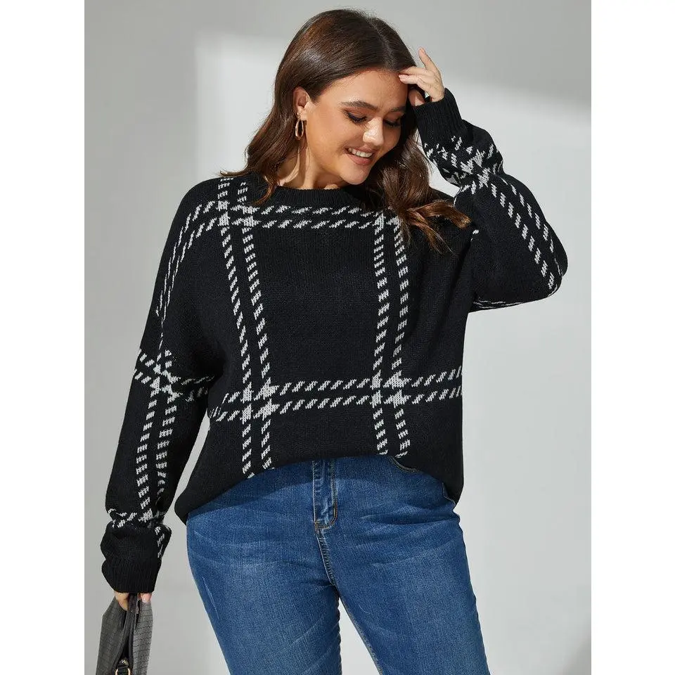 Plus Plaid Pattern Drop Shoulder Sweater Knitwear Womenswear