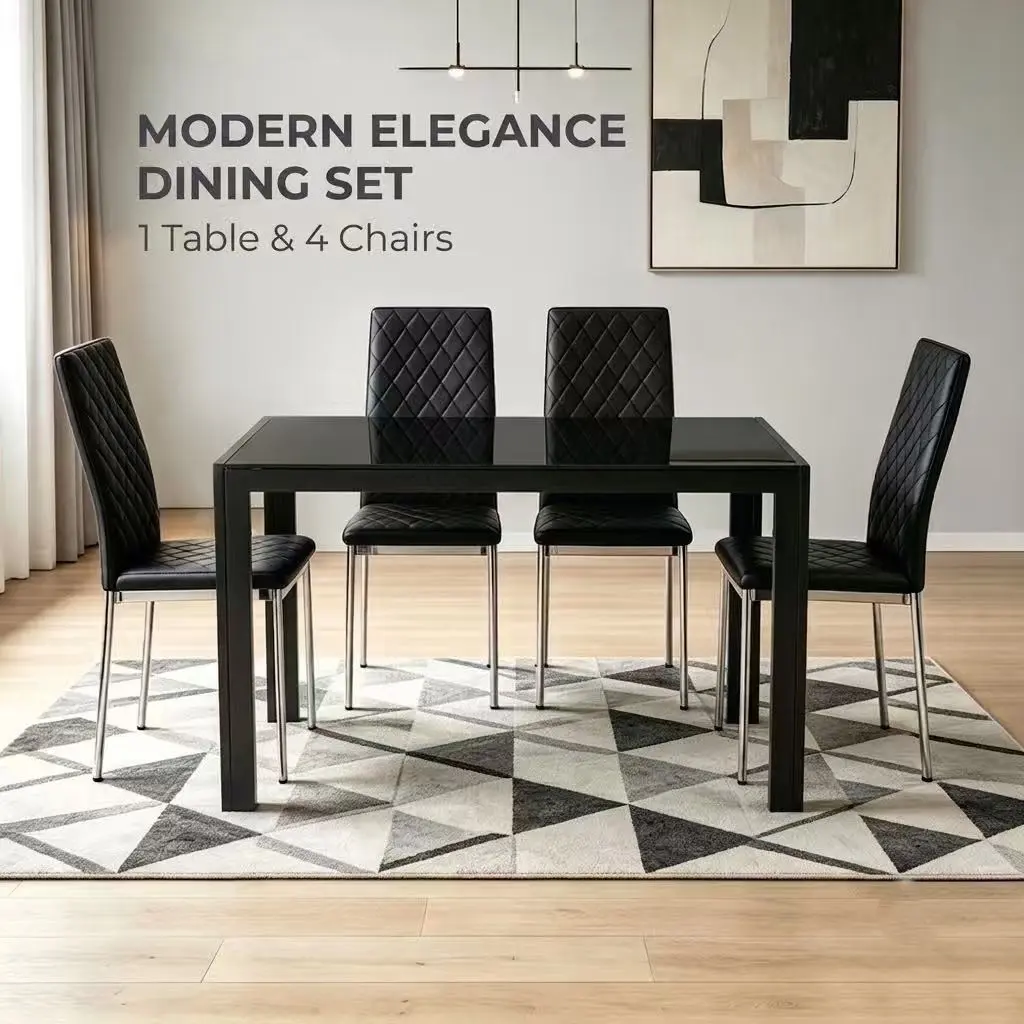 Black 5-Piece Dining Table Set for 4, Modern Glass Kitchen Table & Minimalist PU Chairs with Silver Metal Legs, Space-Saving Rectangular Set for Small Apartments, Sturdy Frame, Easy Clean & Assemble