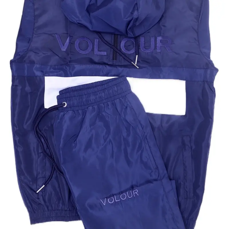 VOLOUR Windbreaker Hoodies Tops and Bottoms Navy Blue Set with Hood and Drawstring Waist Menswear