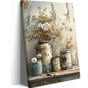 Rustic Farmhouse Floral Canvas Wall Art, Vintage Still Life Print with Distressed Milk Can & Flowers, Country Chic Decor for Living Room, Bedroom, or Kitchen Ornaments Decoration