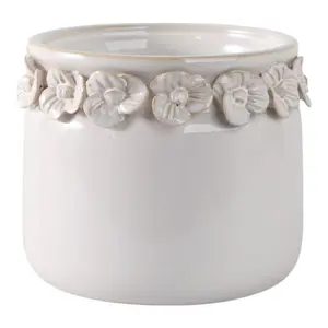Sagebrook Home 6 in. Ivory Floral Applique Garden Planter - Ceramic Urn Planter, Round Flower Pot, Ceramic Urn Planters