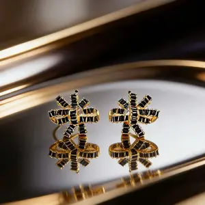 2026 Viral Black Baguette Rhinestone Palm Leaf Stud Earrings | 14K Gold Plated Dainty Luxury Jewelry for Women | Perfect for Date Night Party Vacation Holiday Birthday Anniversary Gift | Aesthetic Trendy TikTok Fashion Statement Earrings