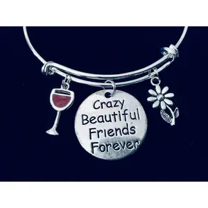 Crazy Beautiful Friends Forever Wine Glass Expandable Charm Bracelet Silver Adjustable Wire Bangle Stacking Bangle Trendy Love You BFF