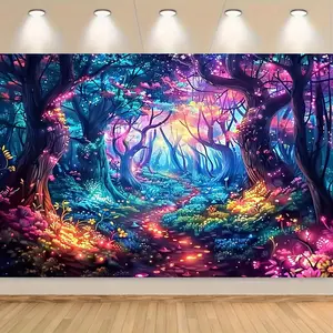 Blacklight Fantasy Forest Tapestry - Neon Glow Psychedelic Plant & Tree Wall Hanging, Misty Jungle Backdrop for Parties and Events, Polyester 60X40