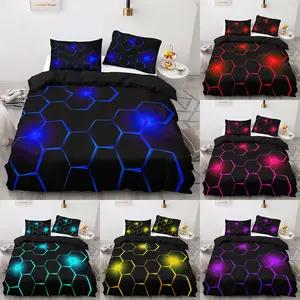 3pcs Hexagon Light Bedding Set (1 Fitted Sheet + 2 Pillowcases), Cyberpunk Style, Base with Colorful Lights, Honeycomb Texture