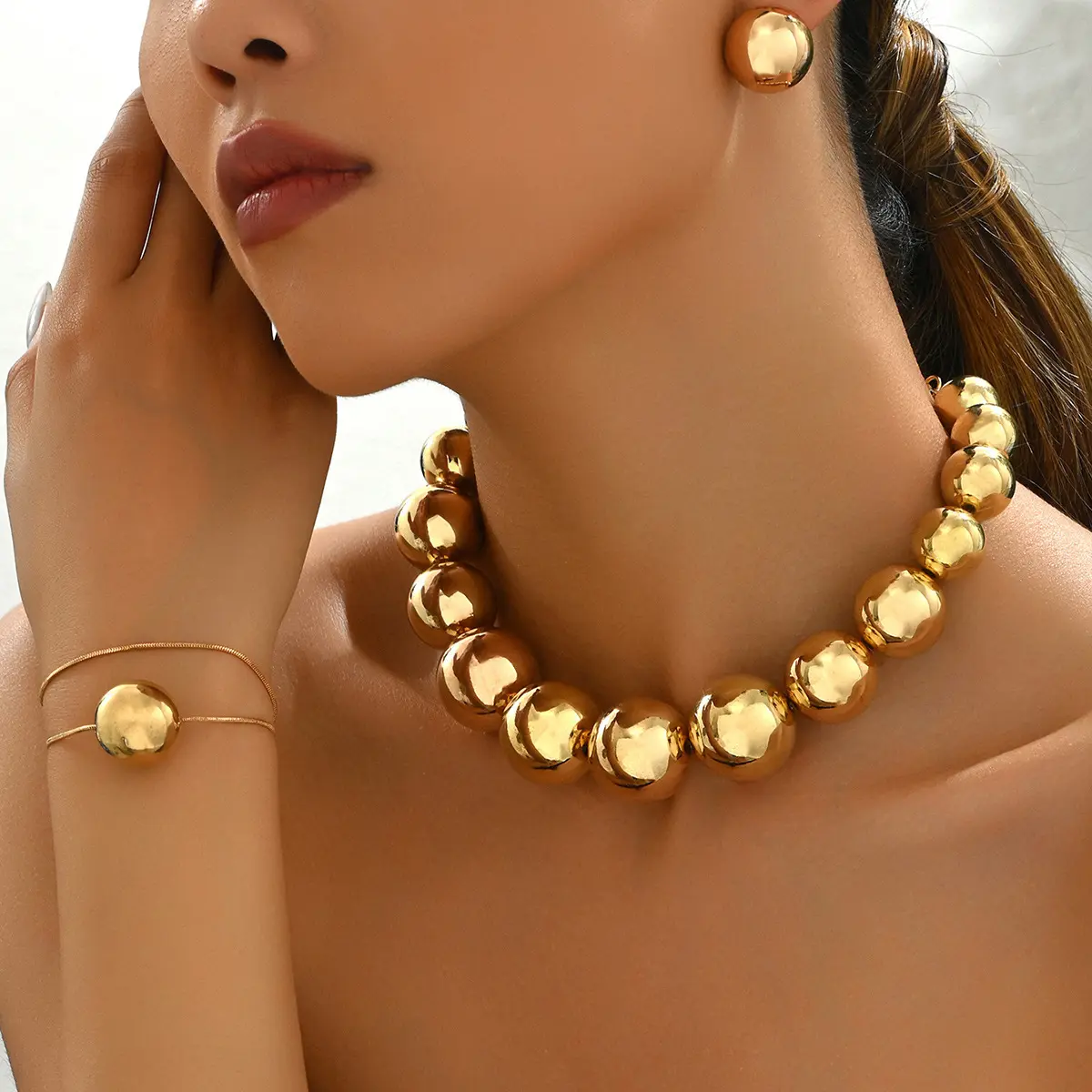 3-Piece Layered Choker and Necklace Set for Women, Elegant Stainless Steel Chain & Link with Bead Accents for Casual Parties & Anniversary, Watch Party