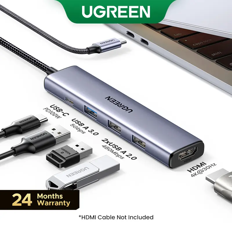 UGREEN 5in1 USB C Hub（HDMI Cable Not Included) Type C to PD 100W Power Delivery, 4K@30Hz HDMI,  3 USB-A 5Gbps Data Ports, Type C Multiport Adapter for Macbook Air Pro, iPad Pro, XPS, Computer Accessories,Summer Sale