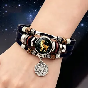 Luminous 12 Zodiac Signs Leather Bracelet Unisex Gift Commemorative Handmade Multi Layer Beaded Wristband Creative Jewelry