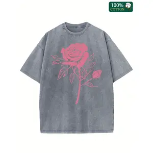 Rose Pattern, High-Quality 230G Washed Vintage Wax-Dyed Thick Tee, Men'S Stylish Casual Tee, Short Sleeve Crew Neck Shirt