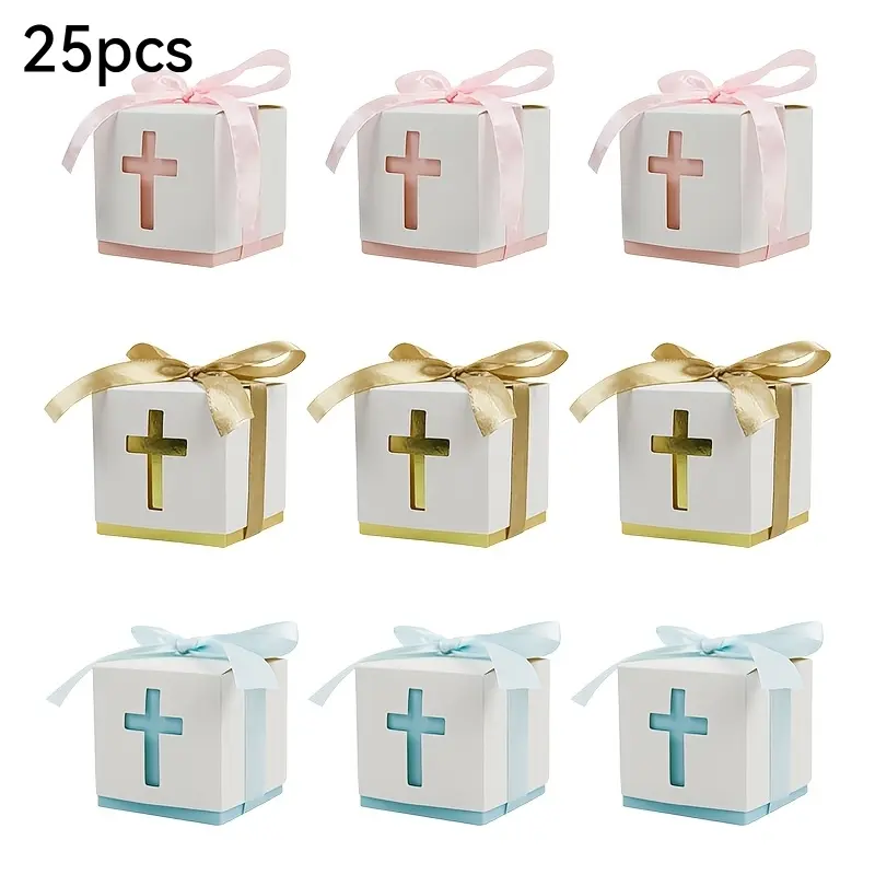 25 Cross-Design Decorative Gift Boxes, Baptism-Themed, With Ribbon, Suitable For Weddings, Baptisms, Communions, Bridal Showers, Birthday Parties, Gift Packages, Boxed Gifts