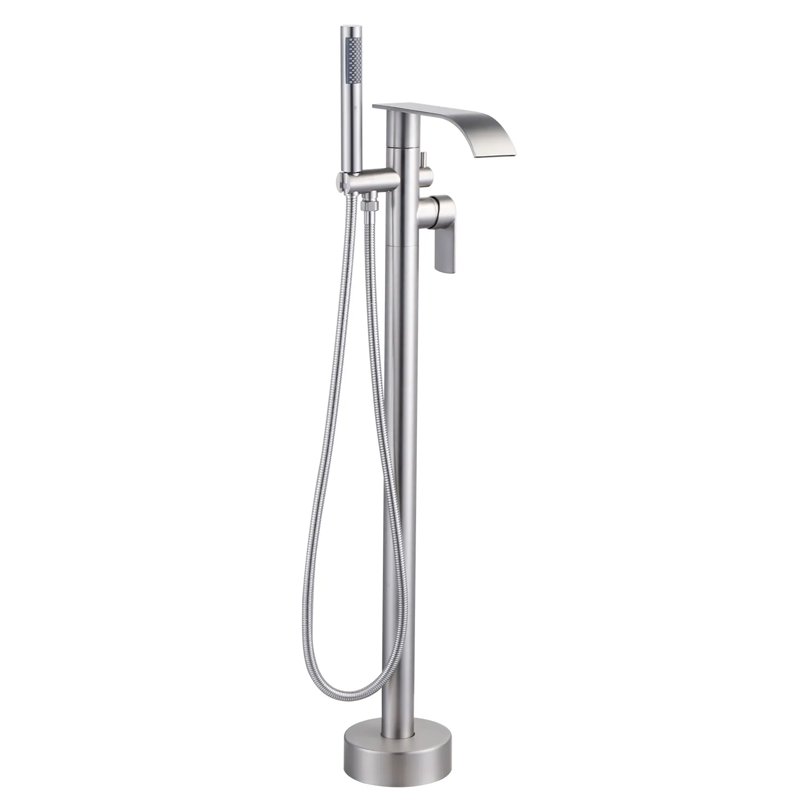 WOWOW Modern Single-Handle Freestanding Tub Faucet with Solid Brass Construction, Waterfall Spout, Floor Mount Bathtub Filler and Hand Shower, Brushed Nickel