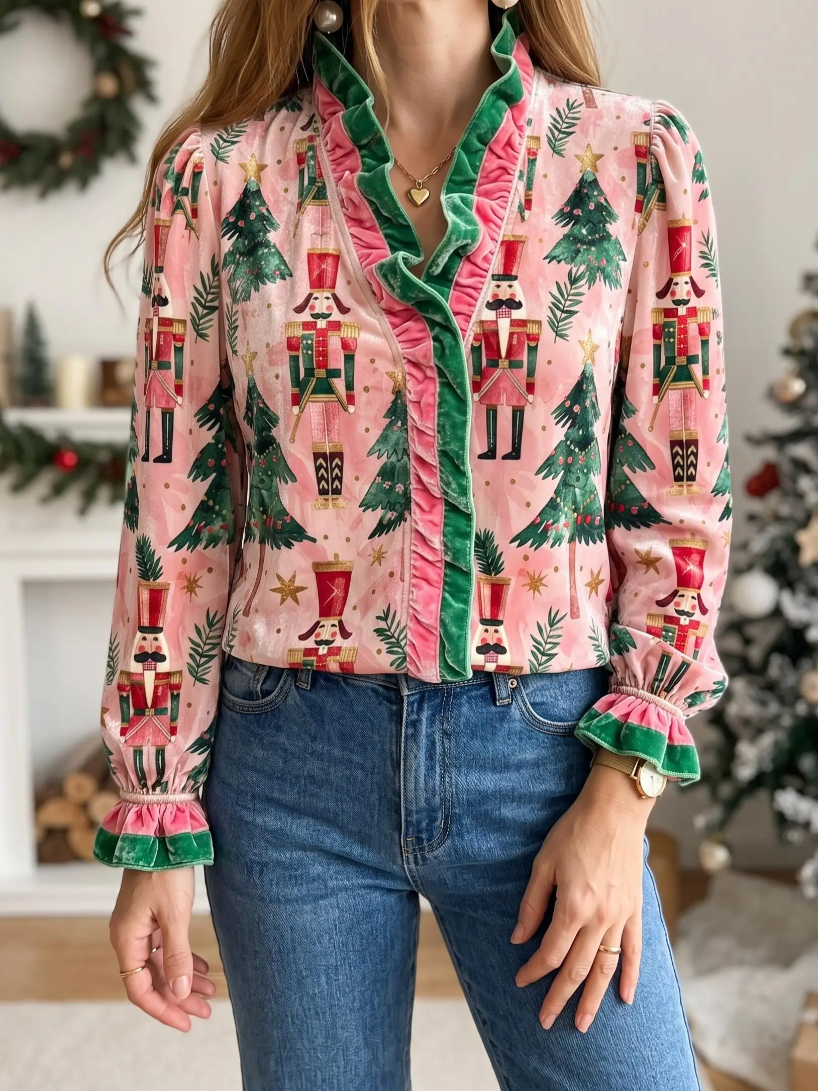 Pink Nutcracker V-Neck Blouse , Christmas Tree Print, Ruffle Trim, Velvet Look, Festive Holiday OOTD, Cute Winter Party Style