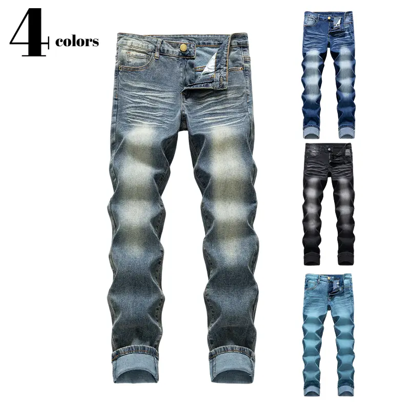 Clean Gent men’s straight-leg slim stretch jeans, washed vintage denim, classic street style, fashionable casual cotton jeans, distinctive fashion jeans, suitable for all seasons menswear