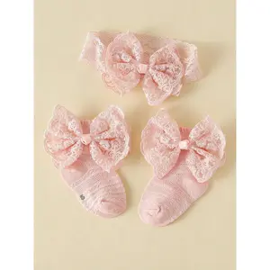 Baby Bow Socks Headband Set, Spring Autumn Infant Lace Big Bow Princess Socks, Birthday Milestone Knee High Socks