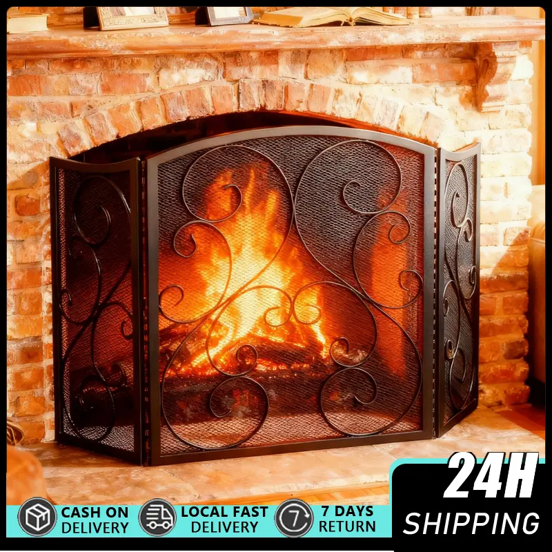 48x29in Arch-Shape 3-Panel Wrought Iron Fireplace Screen - Heavy-Duty Black Metal Foldable Spark Guard with Modern Mesh Ornaments, Indoor Home Decoration Room Divider Furniture Accessory, Dividers Room Dividers