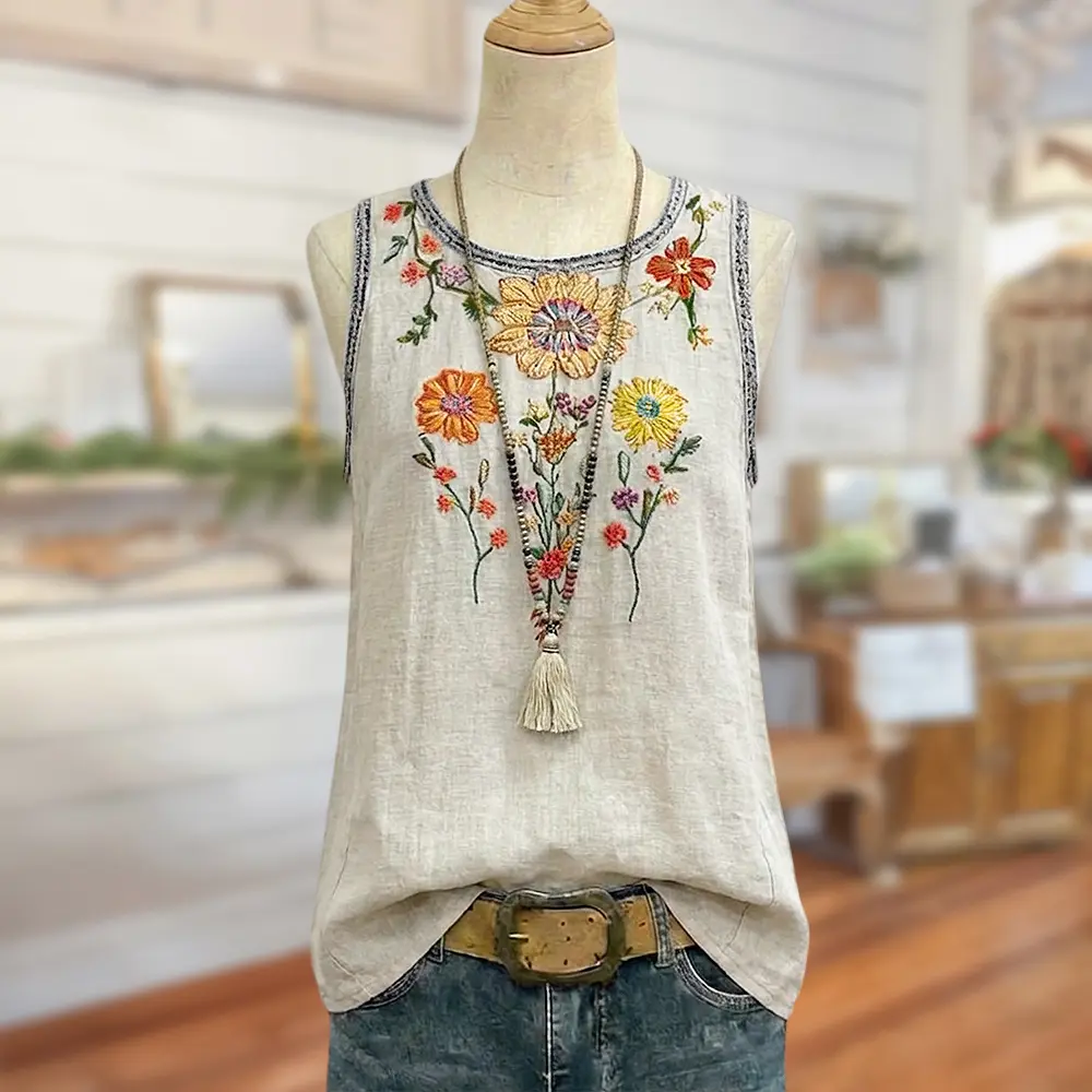 Sage Vell Floral Embroidered Sleeveless Round Neck Loose Casual Tank Top Womenswear Bohemian Everyday