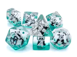 Panda Resin Polyhedral DnD Dice Set, 7-Piece RPG Dice with Clear Silver Numbers, Bubbly Forest Bear Design & Cute Miniature Pandas for Heavy-Duty Gaming, Polyhedral Dice Set