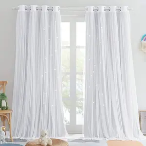 1pc Starry Hollow Polyester Blackout Curtain With Lace, Girls' Princess Style Dual-Layer Window Treatment Darkening Curtain, Home Decoration Curtain