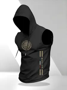 Men's Vintage Mexican Coat of Arms Letter Print Vest, Lightweight Sleeveless Knit Hoodie, Summer Casual Daily Sportswear, Athletic Activewear, Athletic Style Activewear, Casual Sporty Vest