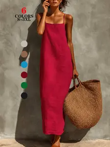 2026 New Arrival Women's Solid Spaghetti Strap Maxi Dress, Retro Lazy Style, Loose-Fit Casual Wear Summer Dress for Daily Commute, Beach, Date, Outdoor Wear