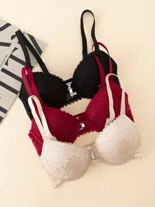 3-Pack Floral Lace Front Buckle Bra, Fitted Semi-Transparent Elegant Chic Push-Up Adjustable Underwire Bras, Deep V Anti-Sagging Large Cup Bras for Women