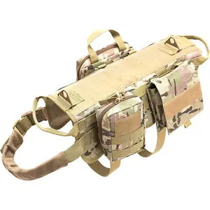 Tactical Dog Molle Vest Harness K9 Adjustable Outdoor Training Service Camouflage Harness with 3 Detachable Pouches