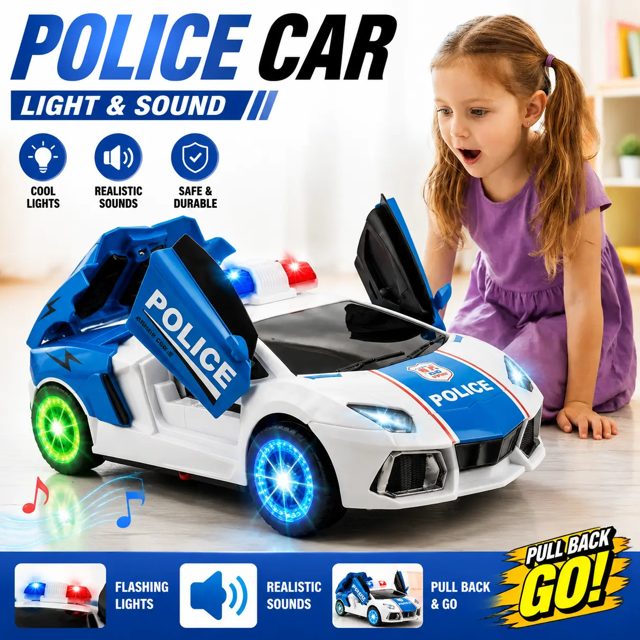 Wingtop Electric Transforming Stunt RC Car Toy - Indoor Radio-Controlled Vehicle with Open Doors, LED Lights, Light & Sound, Unisex Interactive Racing Toy, Birthday Gift for 4-6/6+ Years Old Kids, Rc Cars, 4-6 Years