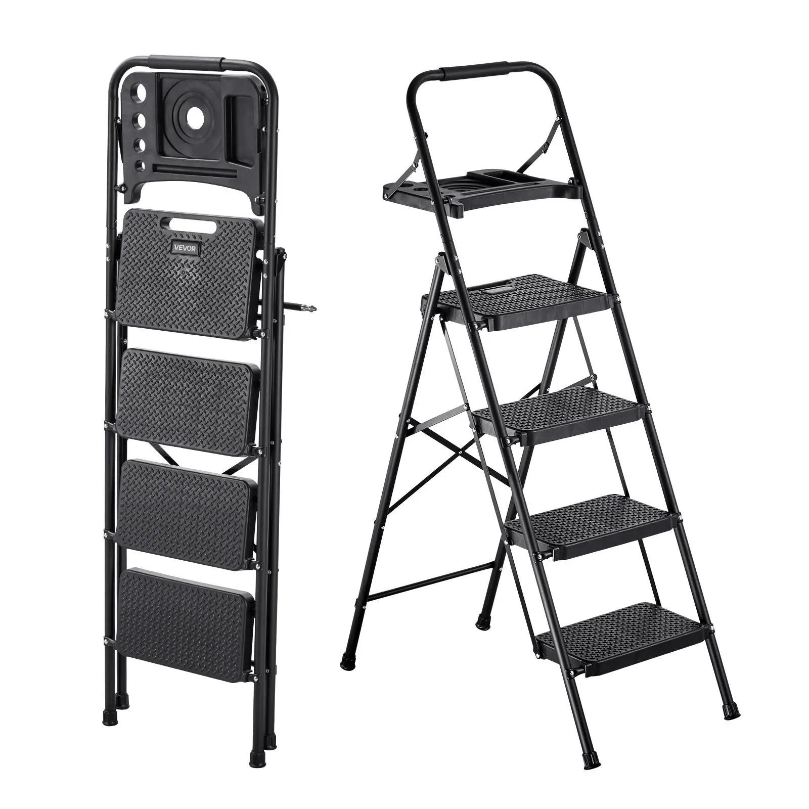 【SummerFinds】VEVOR 4 Step Ladder, Folding Step Stool with Wide Anti-Slip Pedal, Tool Tray, Comfort Handgrip, 600 lbs Capacity Portable Steel Ladder, Multi-Use for Kitchen, Home, Household and Office, Black