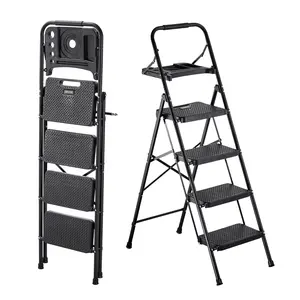 【FathersDayGift】VEVOR 4 Step Ladder, Folding Step Stool with Wide Anti-Slip Pedal, Tool Tray, Comfort Handgrip, 600 lbs Capacity Portable Steel Ladder, Multi-Use for Kitchen, Home, Household and Office, Black