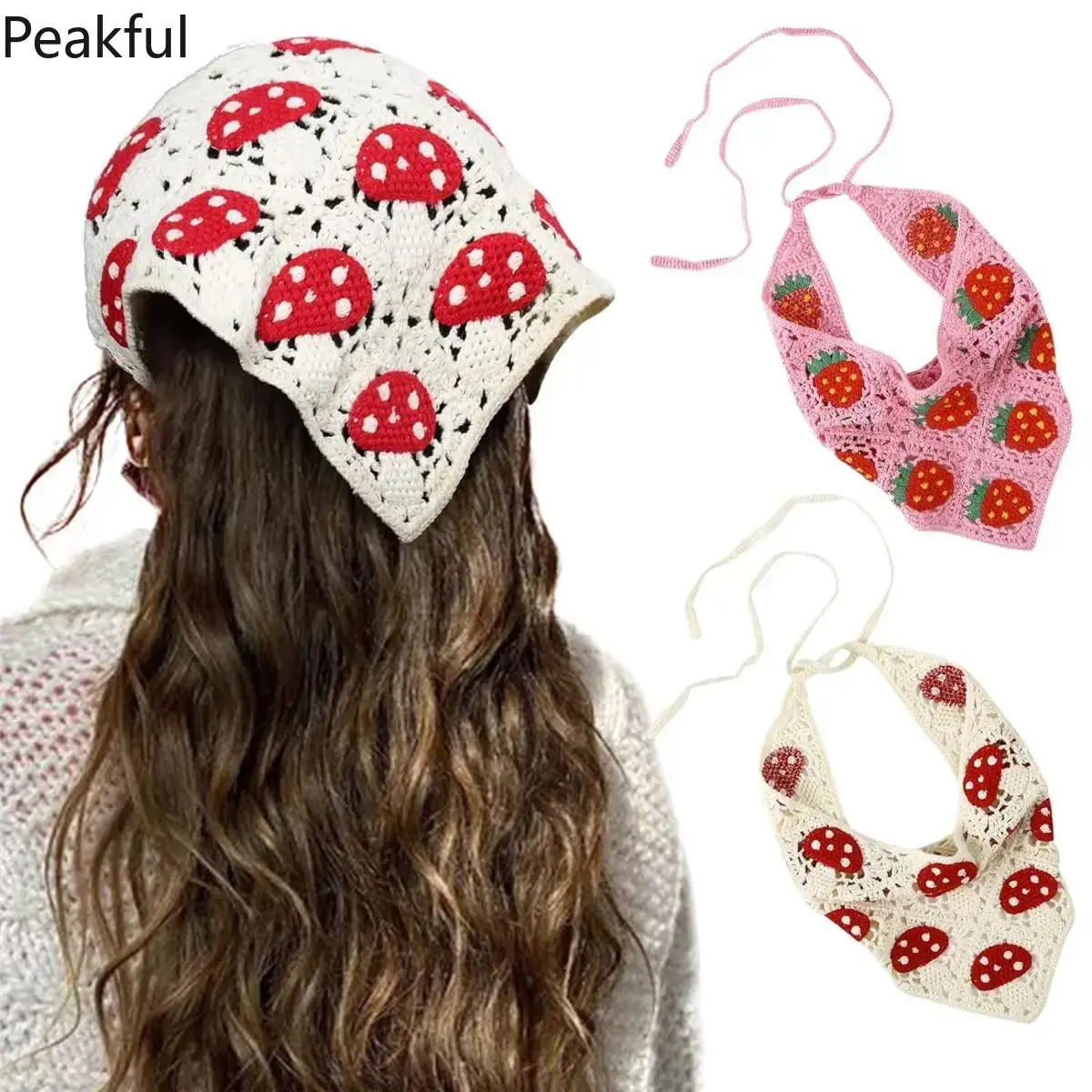 2Pcs Handmade Crochet Headbands Set, Trending Knitted Hair Scarf, Strawberry & Mushroom Pattern Headwrap for Women, soft woven texture & exquisite craft, stylish and breathable, perfect for daily wear, casual outings and sweet festival gifts