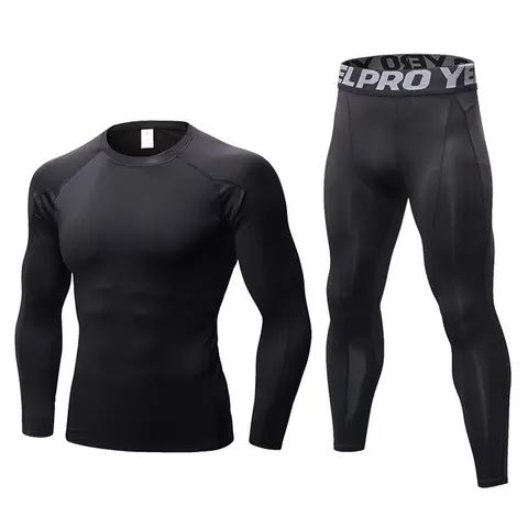 LANBAOSI Men's 2-Piece Compression Sweat Suit Set - Breathable, Quick-Dry, Stretchy Fabric Long Sleeve Top & Tight Leggings for Running, Gym - Athletic Set, Performance Enhancing 2-Part Men's Sports Sweat Suit, Stretchy Suit Set